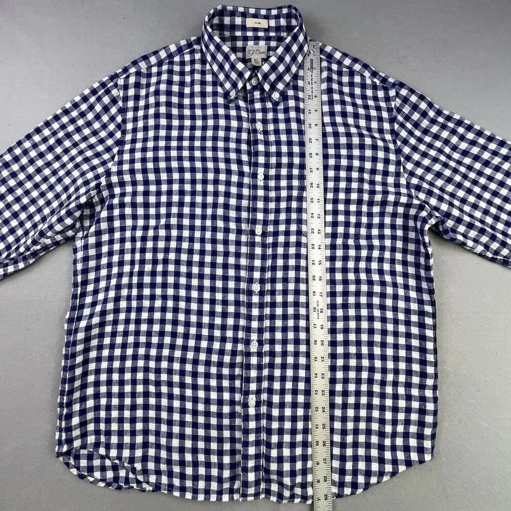 J.Crew Baird McNutt Irish Linen Shirt Men XL Blue White Plaid Button Long Sleeve